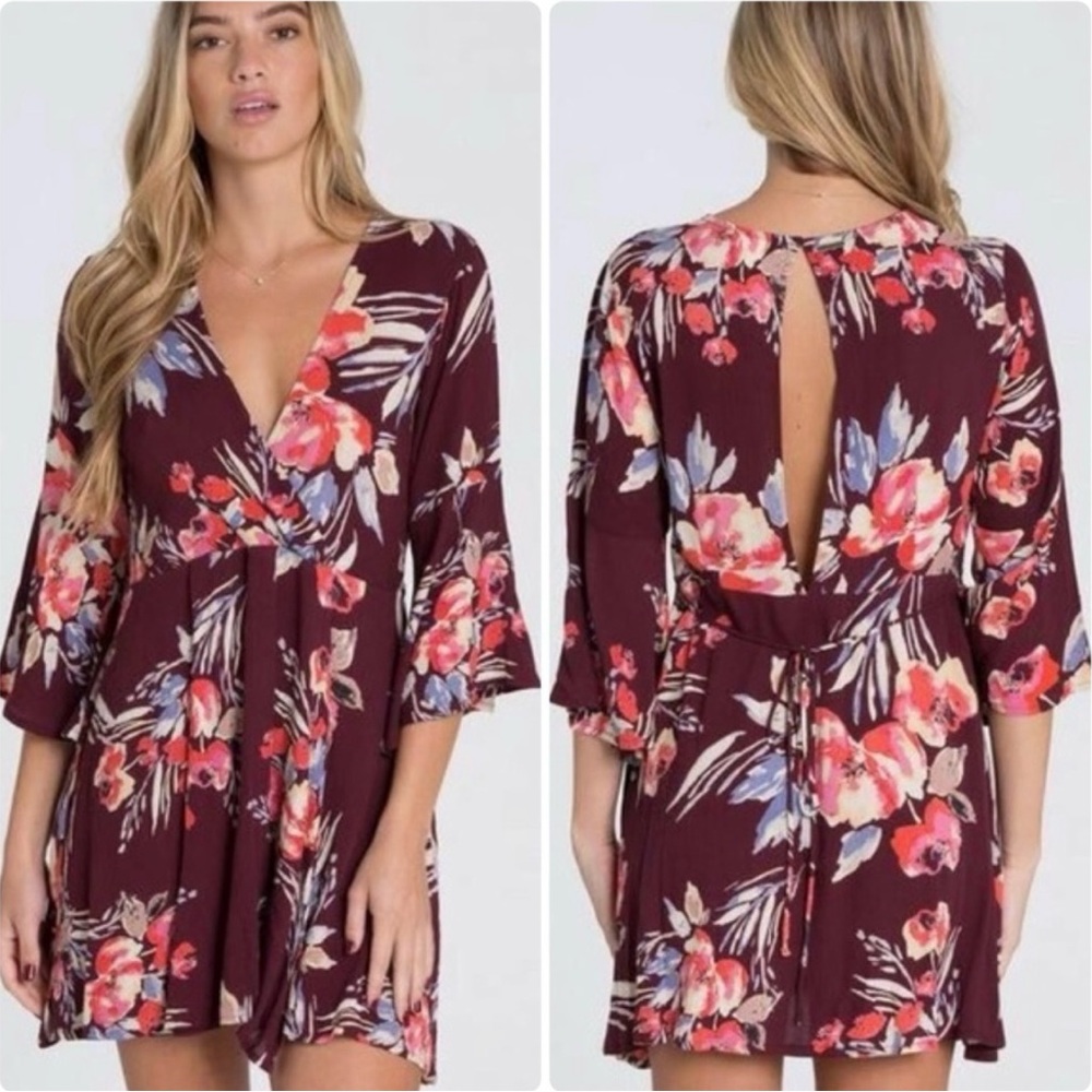 Billabong Divine Burgundy Floral Faux‎ Wrap Bell Sleeve Mini Dress Size Small